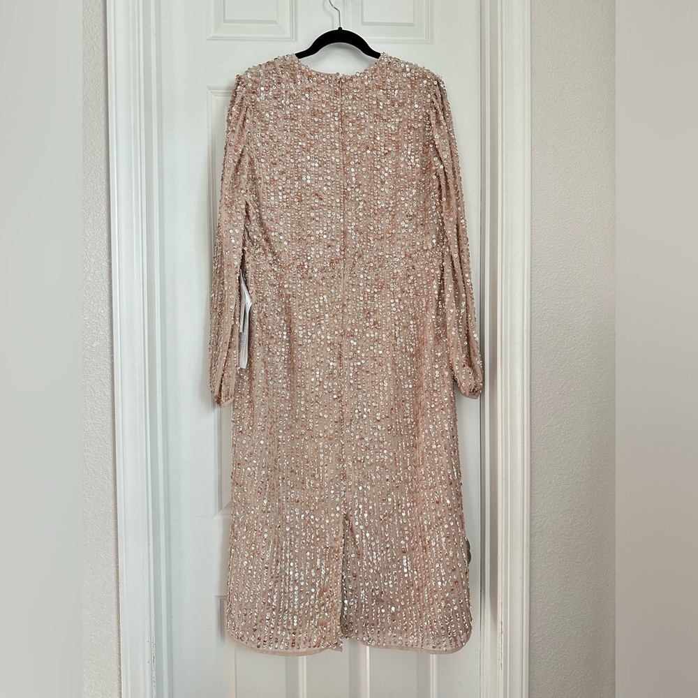 Mac Duggal SEQUINED ILLUSION PUFF SLEEVE V NECK MIDI DRESS, size 14 - Picture 9 of 12